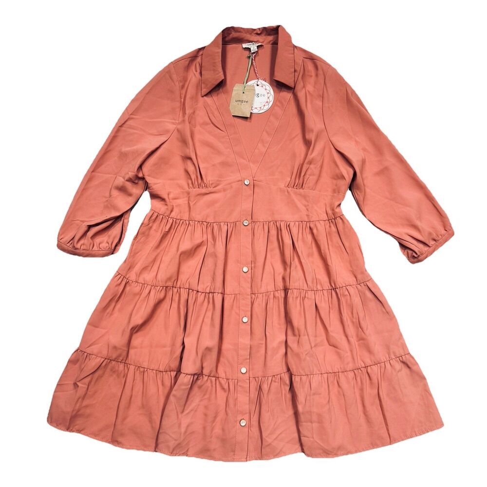 Umgee USA Mini Dress M Salmon V Neck 3/4 Sleeve Button Front Womens New NWT
